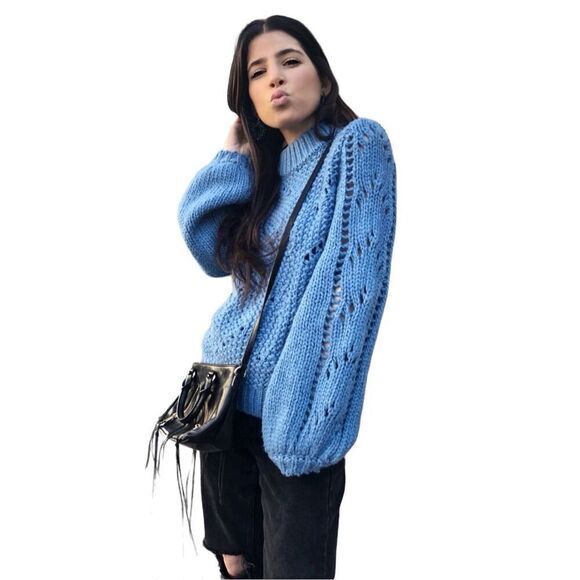 S4‎ H&M Baby Blue Crochet Knitted Oversized Slouchy Sweater - Picture 1 of 7